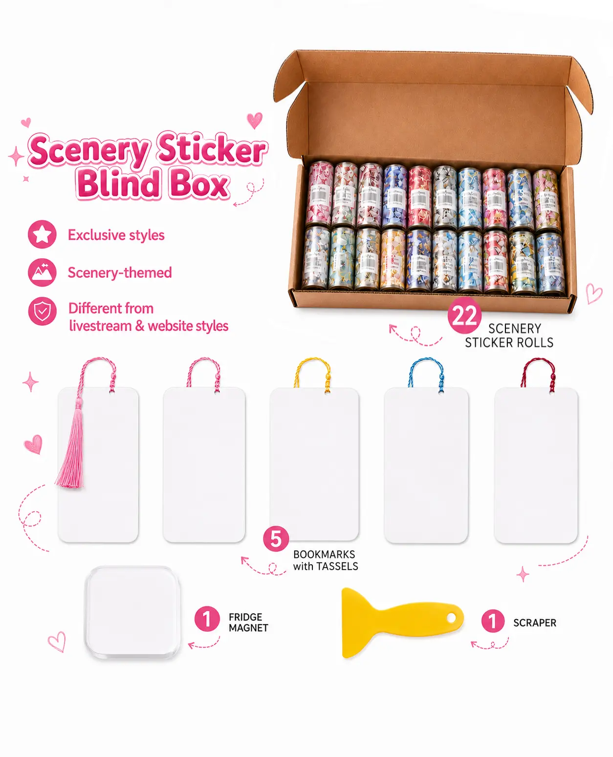Charm Chums Scenery Sticker Blind Box, 22 Sticker Rolls, 5 Bookmarks, Fridge Magnet, Emboss Stickers & Scraper for Journaling Scrapbooking Planner Crafts