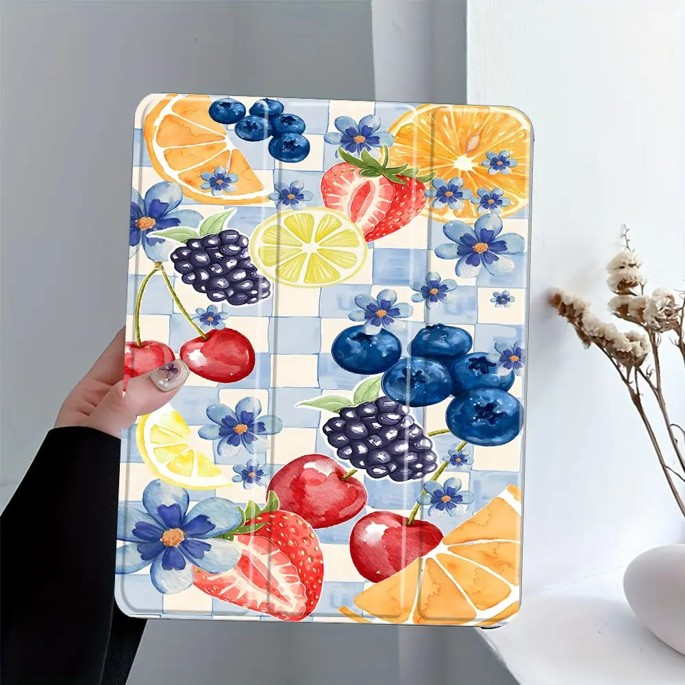 Checkerboard Watercolor Fruit iPad Case, Tablet Cover, Tablet Casing, Blueberry & Strawberry Protective Cover Auto Wake/sleep,Anti-Drop Scratch-Resistant,Transparent Acrylic Back,Fits iPad 7.9/8.3/10.2/10.5/10.9/11/12.9,Shock-resistant Full Cover