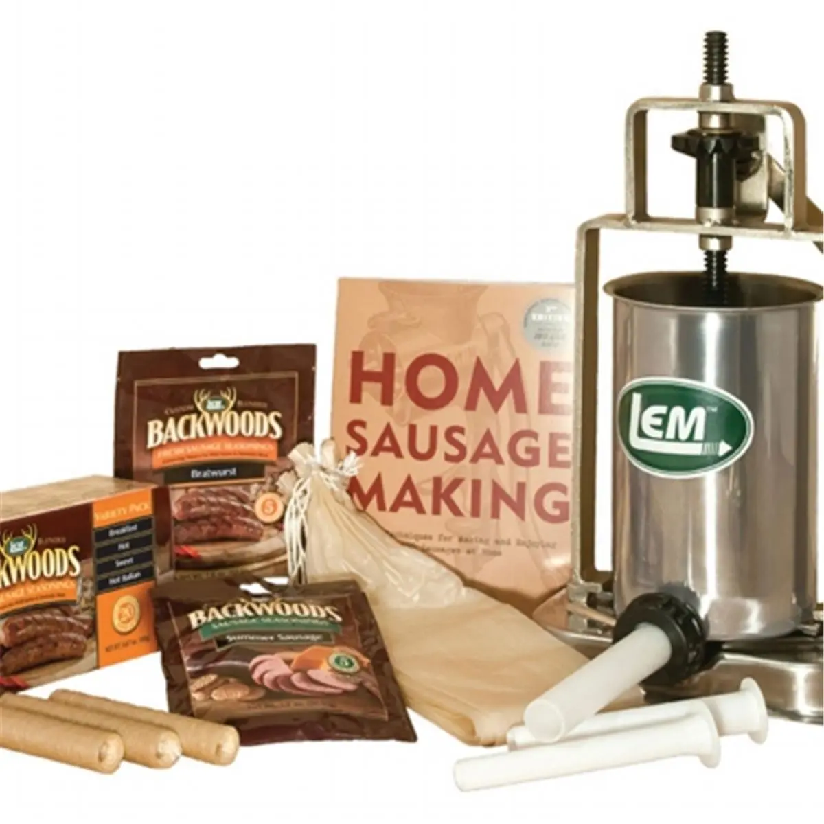 Lem 212 MAIN 5 lb. Vertical Stainless Steel Sausage Stuffer Kit - Specialty Kitchen Utensil for Specialty Kitchen Use, Home Cooking, Includes Backwoods Brat Seasoning Pack, Recipe Book Guidance & Recipe Support, Sausage Making, Includes Recipe