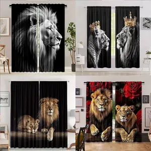 Artistic Lion Portrait Curtains, Polyester, Light Filtering, Rod Pocket, Easy Install Window Curtain, Home Decoration Curtain, Bedroom Living Room Office Decor, Modern Style