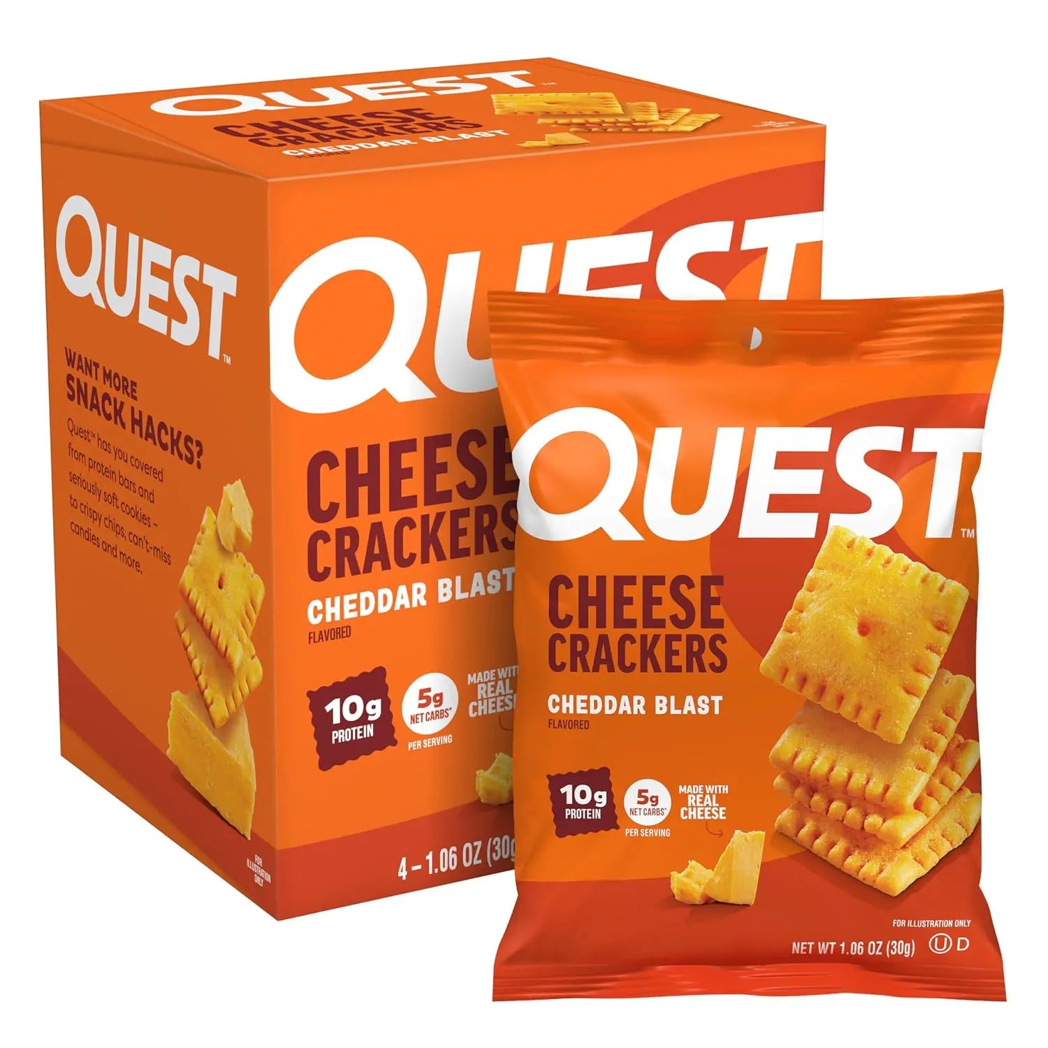 Quest Nutrition Cheese Crackers, 10g Protein, 5g Net Carbs, 4 Count | 5g Net Carbs, 5g Fiber, Crunchy Baked Crackers, Made with Real Cheese, High Protein Snack, High Quality Protein, 1.06 oz Bags