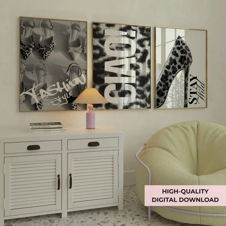 Set of 3 Stockholm posters, Black and White posters, Leopard Heels posters, Trendy print Magazine