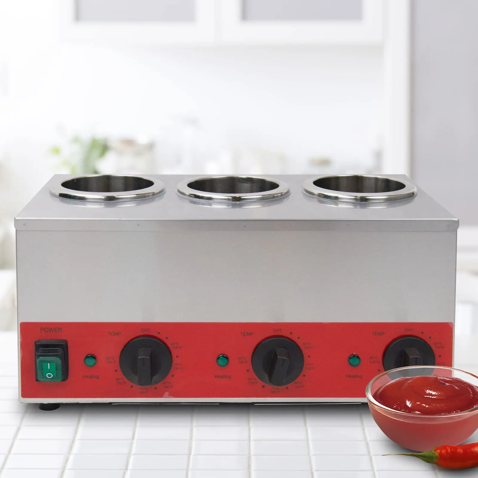Hakka Commercial 3-Grid Stainless Steel Compact Countertop Electric Sauce & Cheese Warmer Dispenser, 3 Independent Heat Wells, 600W Fast Heating, Kitchen Bottle-Compatible Utensils for Snack Bars, Food Trucks, Adjustable Temp, 105°F To 195°F