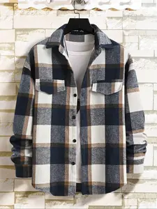 Men's plaid checked print long sleeve coat with button front, no hat, loose and casual, dropped shoulder design, long sleeve collar, comfortable knit fabric, suitable wearing in autumn and winter, a good choice for men's daily outfit.
