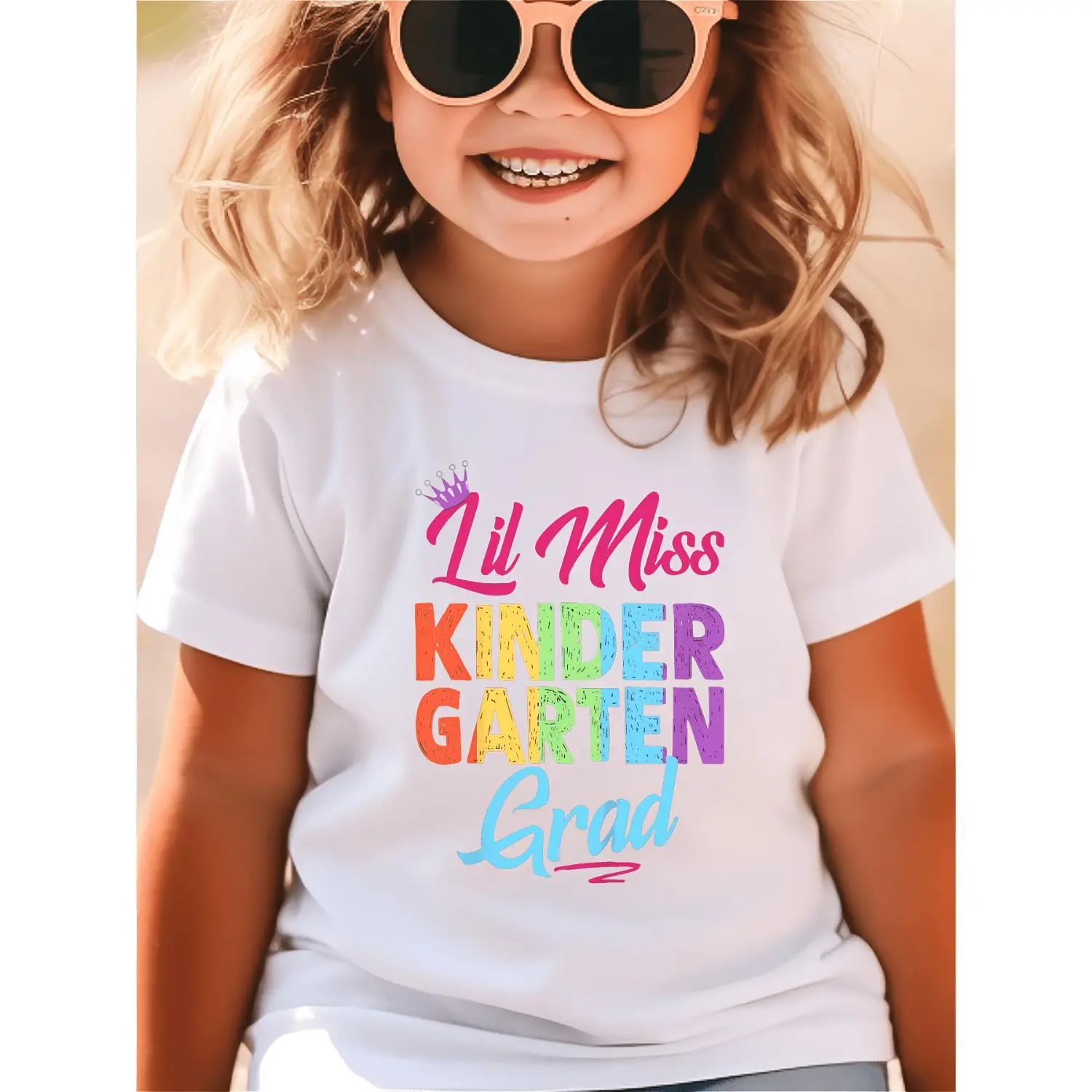 SHOWTLY Brand, Lil Miss Kindergarten Grad T-Shirt - Colorful Rainbow Distressed Block Letters with Pink Crown and Blue Script, Soft Cotton Crew Neck Tee for Girl, Festive First School Graduation Gift for Kids