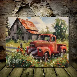 Vintage Red Truck Farmhouse Canvas Wall Art with Wooden Frame - Rustic Rural Prairie Scene, Wildflowers & Barn Landscape Painting, 11.8x15.7" or 15.7x23.6", Country Living Room Decor, Detailed Brushwork, 2D Flat, Perfect for Room Decor	