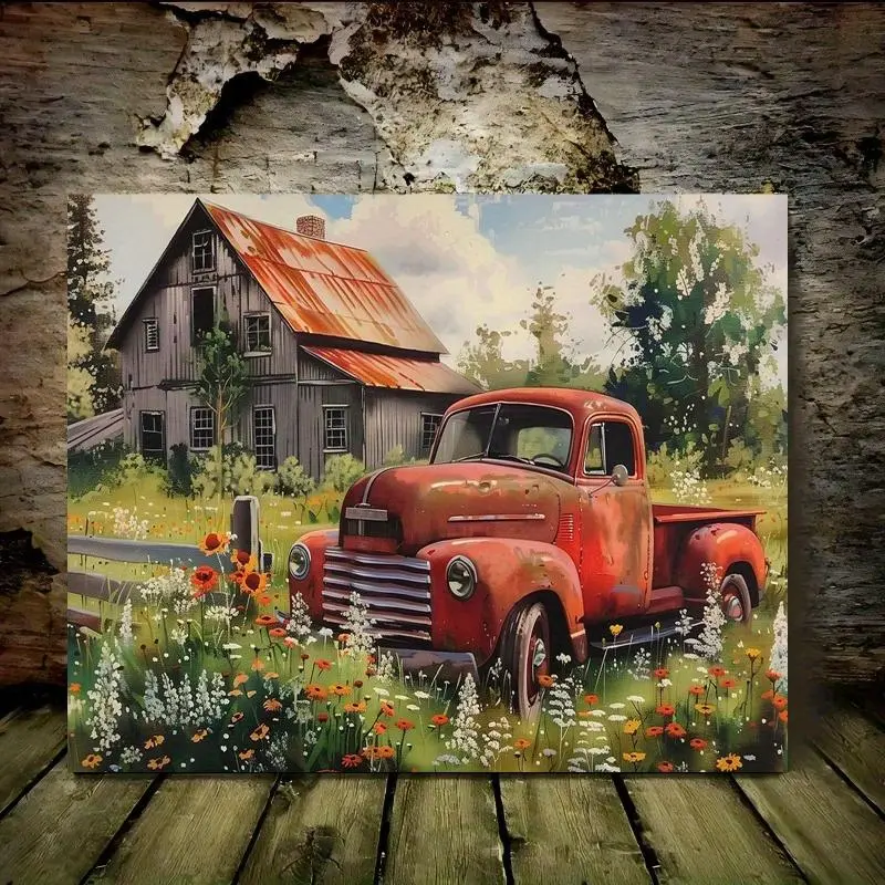 Vintage Red Truck Farmhouse Canvas Wall Art with Wooden Frame - Rustic Rural Prairie Scene, Wildflowers & Barn Landscape Painting, 11.8x15.7" or 15.7x23.6", Country Living Room Decor, Detailed Brushwork, 2D Flat, Perfect for Room Decor	