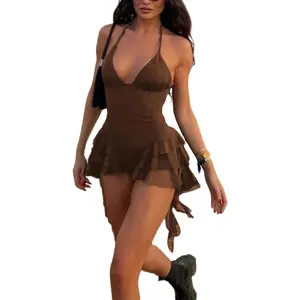 Geulis Womens Sexy Halter Rompers Summer Spaghetti Strap V Neck Backless One Piece Jumpsuits Ruffle Short Romper Dress