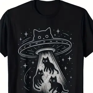 Funny Cat UFO Alien Aesthetic Cute Kitten Graphic Cotton T-Shirt For Men
