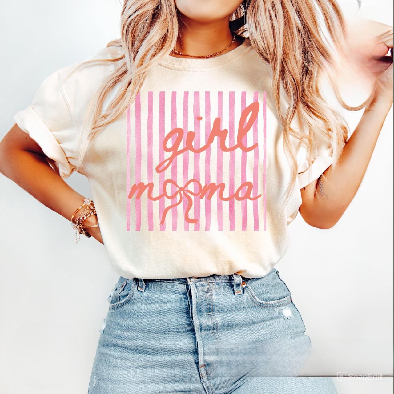 Girl Mama T-Shirt, Cute Mom Life Tee, Pink Striped Graphic Shirt for Moms, Motherhood Outfit, Mother’s Day Gift, Gift For New Moms Mothers Day Top