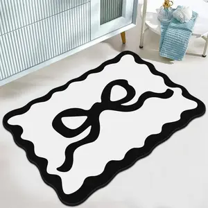 Modern Simple Cute Bow Wave Fluffy Bedroom Rug, Korean Sweet Home Decor Carpet, Soft Comfortable Absorbent Non-Slip Plush Mat for Living Room Bedroom Bathroom Laundry Room