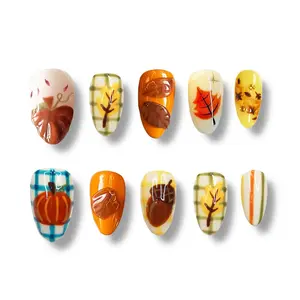 30pcs Fall Press on Nails Medium Almond Fake Nails with 3D Pumpkin Maple Leaf Pine Cones Rhinestones Designs Thanksgiving False Nail Fall Leaves Acrylic Nails Autumn Full Cover Glue on Nail for Women