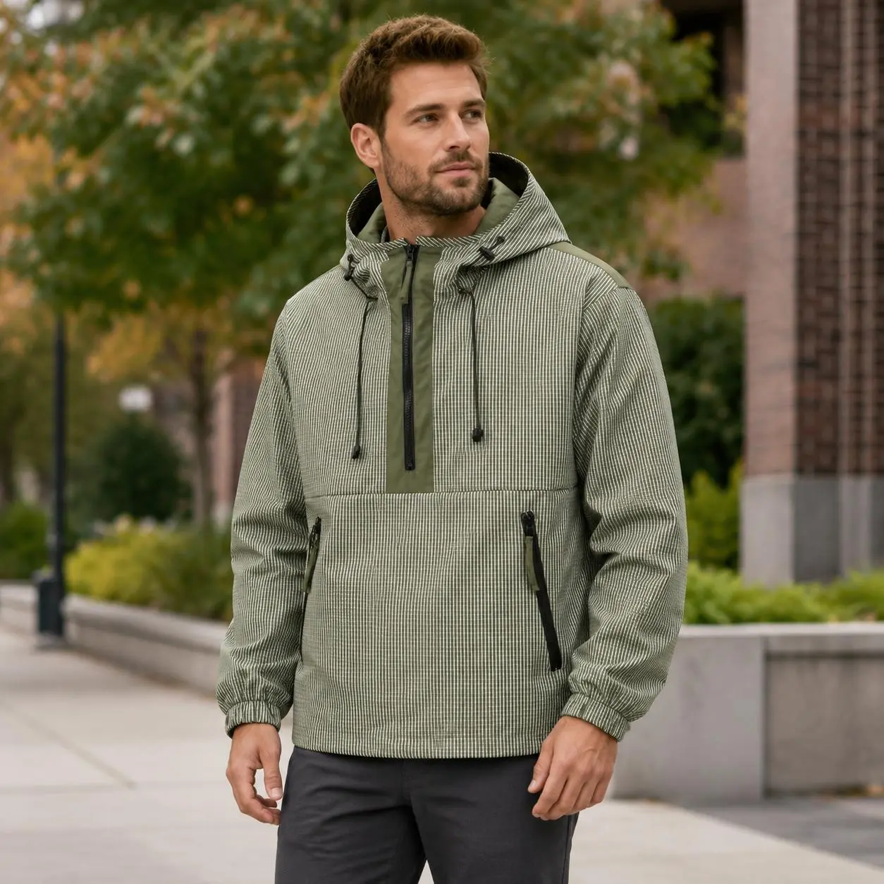 Men's Checkered Hooded Anorak Jacket, Half-Zip Pullover with Front Kangaroo Pocket and Side Zipper Pockets, Long Sleeve Casual Outdoor Outerwear for Travel and Daily Wear Menswear Sweatshirts