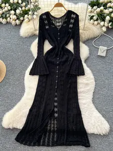 Long Style Knit Hollow Out Bell Sleeve Cardigan, Fashion Casual Sun Protection Cover-Up, All Seasons Fitted Style