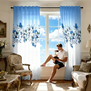 2-piece Bohemian Blues Flower Curtains 2D Printed Half Transparent Gradient Curtains Polyester Material Fresh Printed Bedroom Living Room Atmosphere Curtains