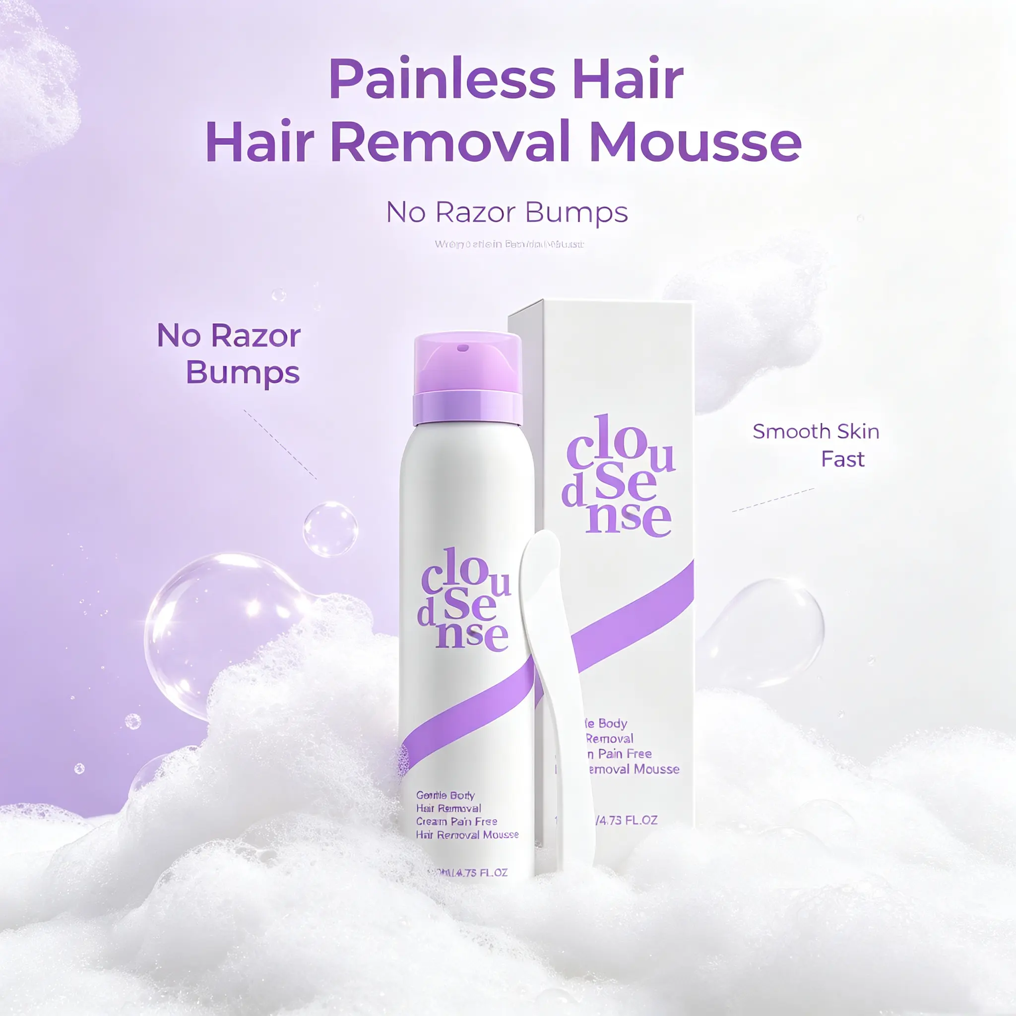 Cloudsense Painless Hair Removal Mousse Spray for Sensitive Skin, Gentle Depilatory Foam for Women - No Shave Irritation, Quick Easy At-Home Use for Legs Arms Underarms