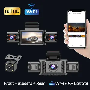 3 Channel Dash Cam, Build in WiFi, App Control , 2 Built-in Cameras + 1 Rear camera + 1 Front Camera for Car, 1080P Front 3.0" IPS Screen 4 Way Car Recorder with Starlight Night Vision, Parking Monitor, G-Sensor, 360° View Easy Install