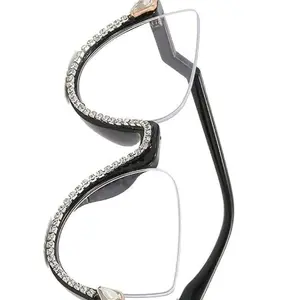 Cat Eye Clear Lens Fashion Glasses Rhinestone Decor Semi Rimless Party Glasses Anti-blue light photo prop Eyewear Female