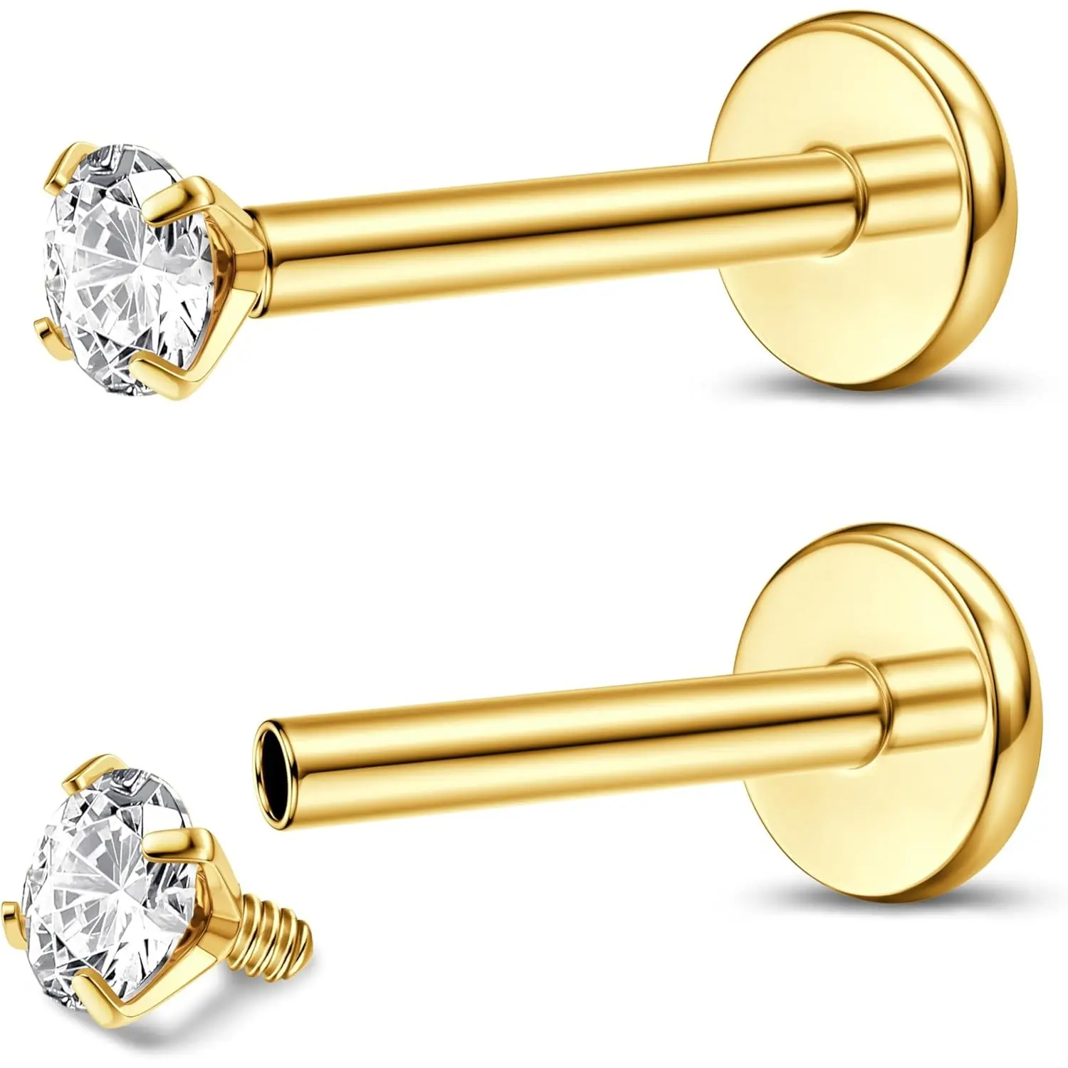MILACOLATO 2Pcs G23 Titanium Base 16g Body Jewelry - Internally Threaded Female Lip Bar, Lip Stud Piercing Jewelry, Geometric Cut Flat Back Nose Studs, Multi-Size Cartilage Earrings for Tragus, Helix, Daily Wear (Silver, Gold), Casual, Cubic Zirconia, 18G
