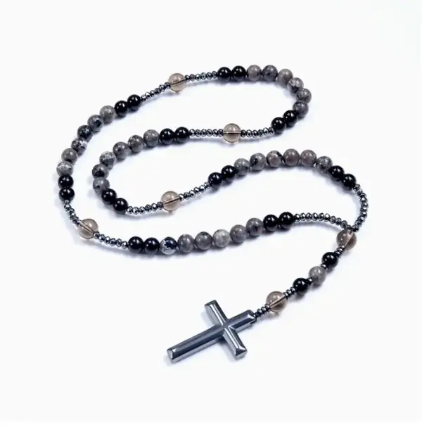High-Quality Natural Obsidian Yooperlite Bead Rosary Necklace - UV Reactive, Hematite Cross Pendant, Faith Protection Jewelry, 36in Crucifix/Cross Symbol/Religious Iconography Gift for Her, Crucifix Necklaces