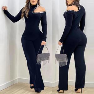 ChicMe Women's Rhinestone Cold Shoulder High Neck Jumpsuit Long Sleeve Wedding Guest Slim Fit Flared Wedding Jumpsuit