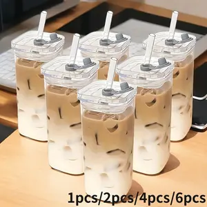 Reusable Glass Tea Cup Set, Square Design with Leak-Proof Lid & Straw, Heat Resistant Home Use, Ideal for Coffee & Juice Drinks