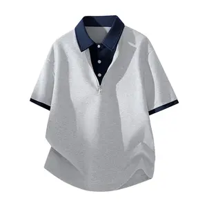 Men’s summer lightweight short-sleeve polo-collar T-shirt with half zip and a design-forward color-block faux two-piece look