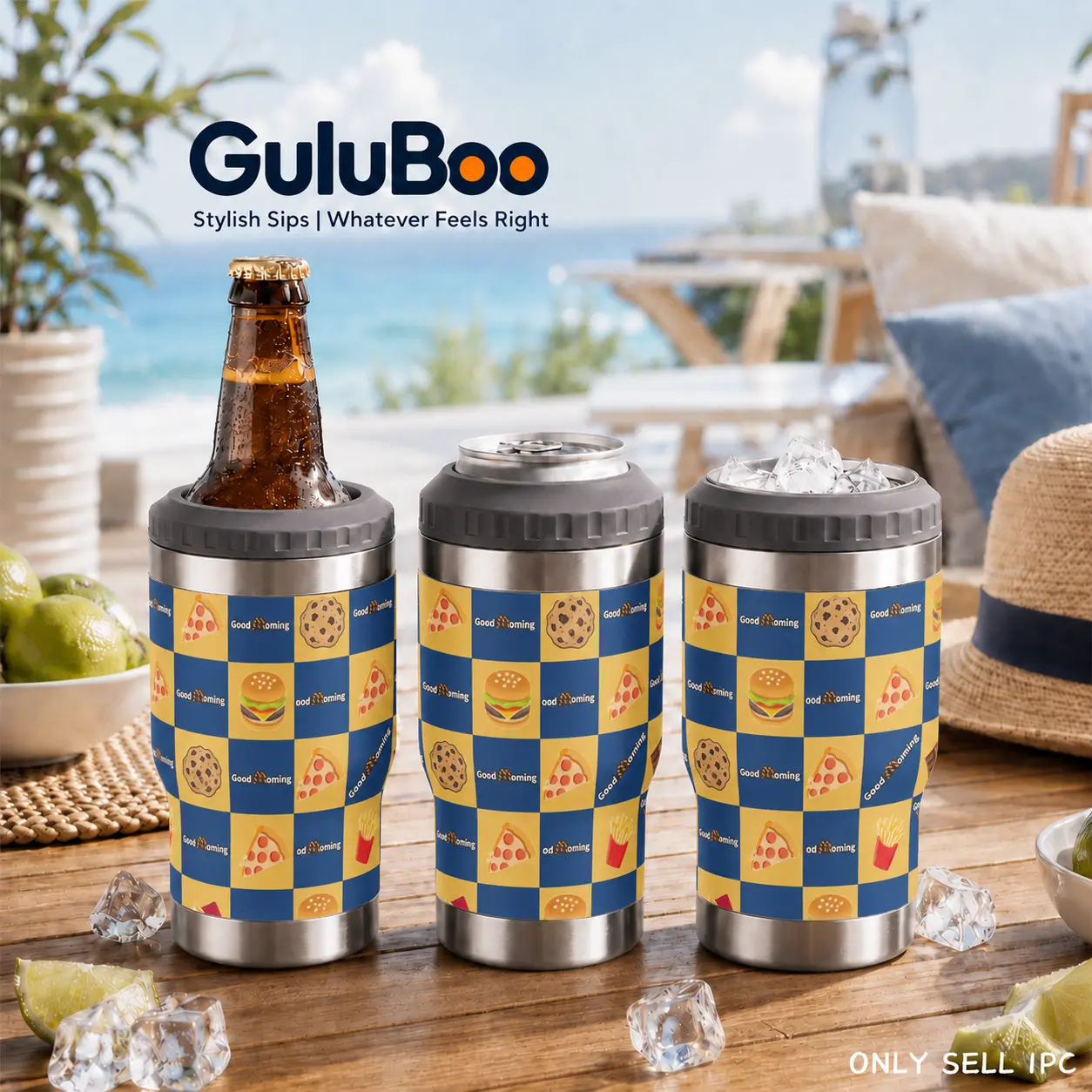 GuLuBoo 12oz 4-in-1 Insulated Can Cooler Tumbler with “Good Morning Hamburger Pizza” Vibes, Stainless Steel Double Wall Vacuum Flask Drinkware Cup, Fits All Cans & Bottles, Keeps Drinks Cold or Hot All Day, Portable Travel Mug Ideal Gift