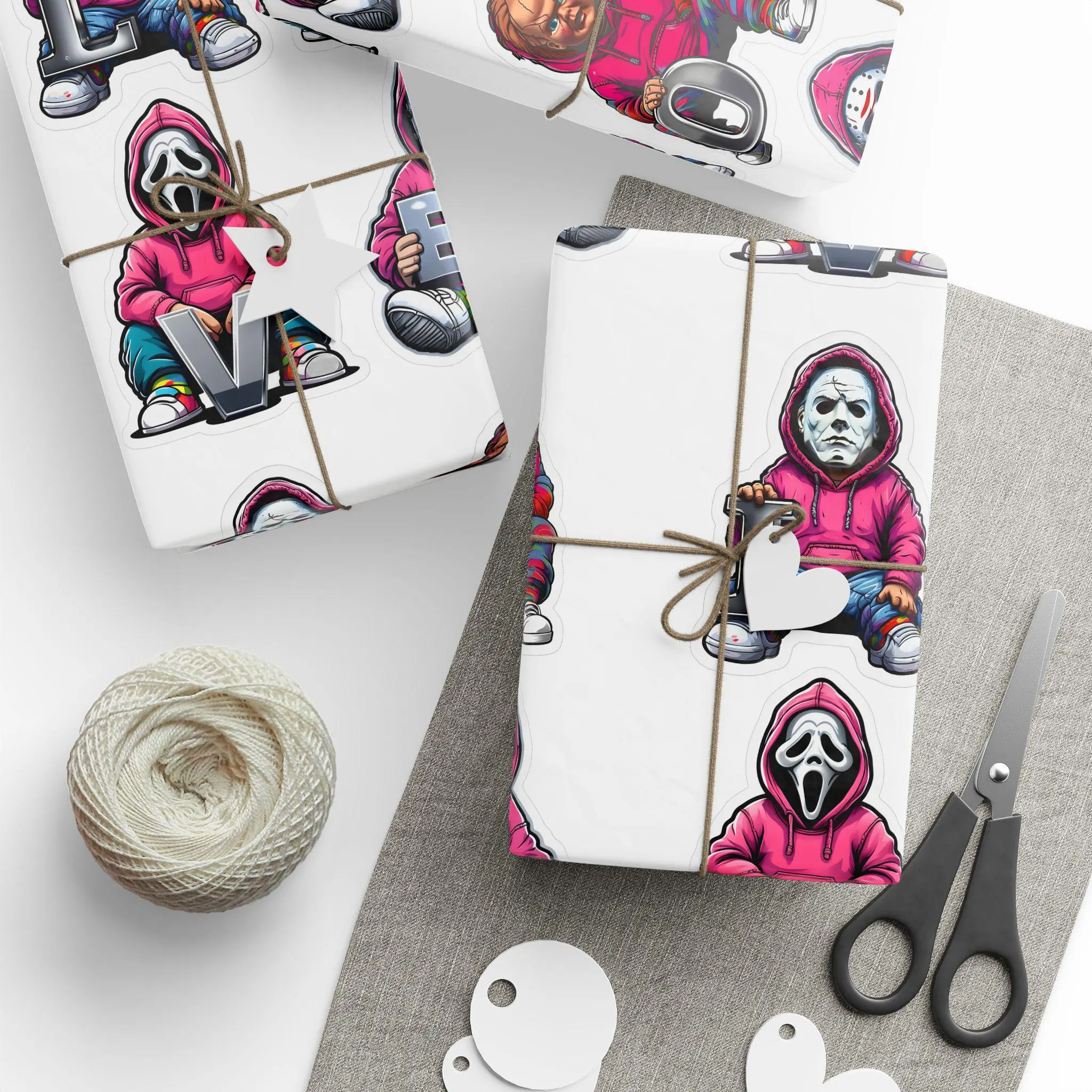 Horror Movie Villains Wrapping Paper, Jason Ghostface Michael Chucky Gift Wrap, Spooky Birthday Halloween Present Wrap