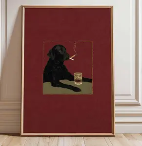 Smoking Dog Poster, Retro Funny Animal Wall Art, Cool Black Dog with Cigarette and Whiskey Print, Quirky Bar Lounge Home Decor