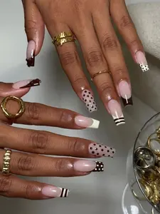 Brown French Tip Press On Nails | Chocolate Polka Dot Nude Nails | Glossy Long Square Acrylic Nails | Trendy Minimalist Nail Set | Reusable Fake Nails