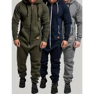 Set of 1 - Men's Hooded Fleece Lined Jumpsuit, Long Sleeve Full Zip Jumpsuit with Kangaroo Bag