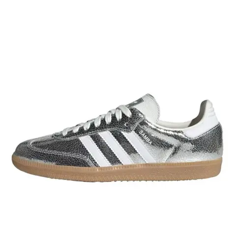 Adidas Women's Samba OG Classic Cracked Leather Sneakers - Silver Metallic Cracked Leather Texture, Bold OG Silhouette for Daily Outfits, Casual Use Sneaker for Walking