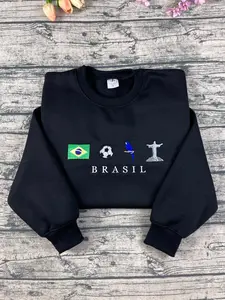 Brazil Embroidered Sweatshirt, Flag Soccer Ball Parrot Christ the Redeemer Icons Hoodie