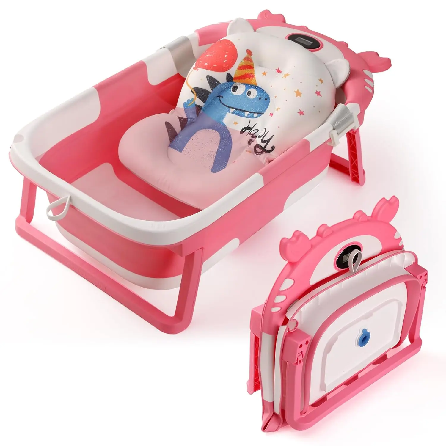 Baby Bathtub,Collapsible Baby Bath Tub with Thermometer & Soft Floating Cushion,Portable Travel Baby Bathtubs  Newborns to Toddlers 0-36 Months(Crab Pink)