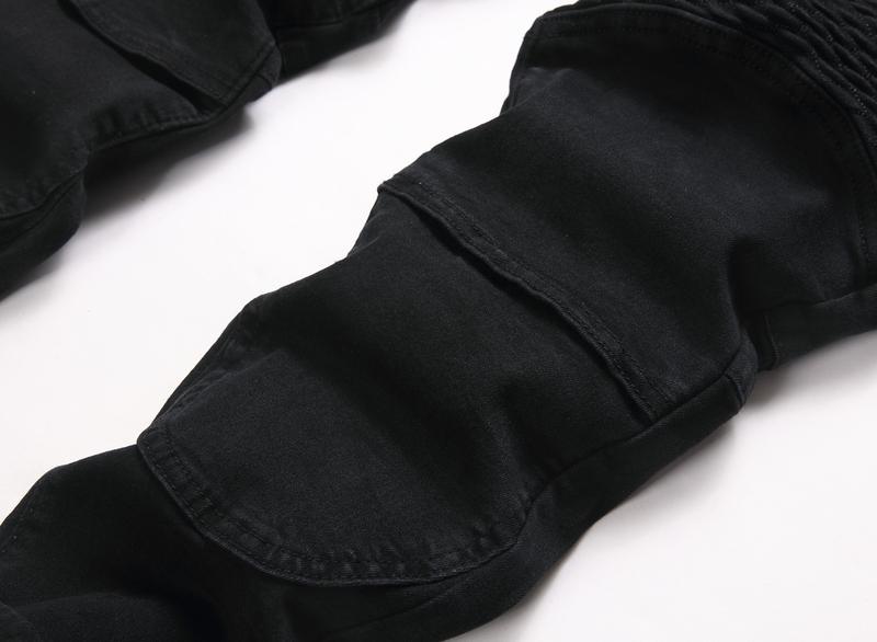 Men's Slim Fit Biker Jeans Ripped & Distressed Moto Denim Pants 100% Cotton Solid Black Color for Stylish Riders