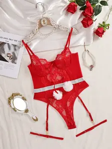 Lace Thong Bodysuit Set, 2-Piece Slim-Fit Sexy, Fuzzy Pom Poms & Silver Color Waistband, Holiday Role Play, Gift Idea