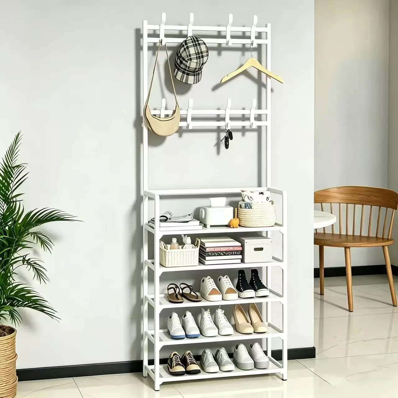 5-Tier Dual-Purpose Shoe Coat Hat Rack Heavy-Duty Metal Freestanding No Drill Entryway Storage Organizer for Small Spaces