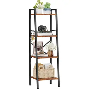 4 Tier Ladder Bookshelf Narrow, Metal Wooden Ladder Shelf Bookcase with 2 Hooks, Small Rustic Brown Bookshelves Free Standing, Skinny Leaning Book Shelves for Bedroom Bathroom Living Room