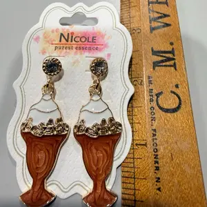 Brown and white enamel Goldtone post earrings