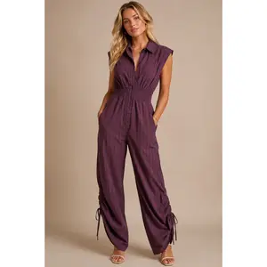 🖤 Anthropologie Burgundy Pinstripe Utility Jumpsuit – Ruched Leg Sleeveless One Piece – Size Small 🖤