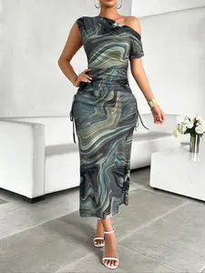 Women's Marble Print Asymmetrical Tie Side Dress, Casual Fashion Dress for Daily Outdoor Wear, Ladies Clothes for All Seasons