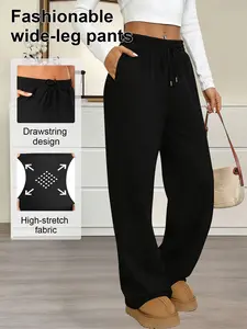 Women's Casual Loose Fit Wide Leg Pants, High Elasticity Soft Fabric, Adjustable Drawstring Waist, Side Pockets, Plain Design, Plus Size