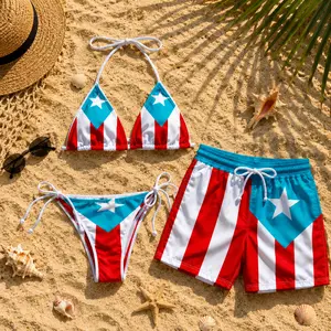 Puerto Rican Flag Couple Swimwear Set, Bikini & Hawaiian Shorts, Matching Beach Outfit, Summer Vacation Swimwear