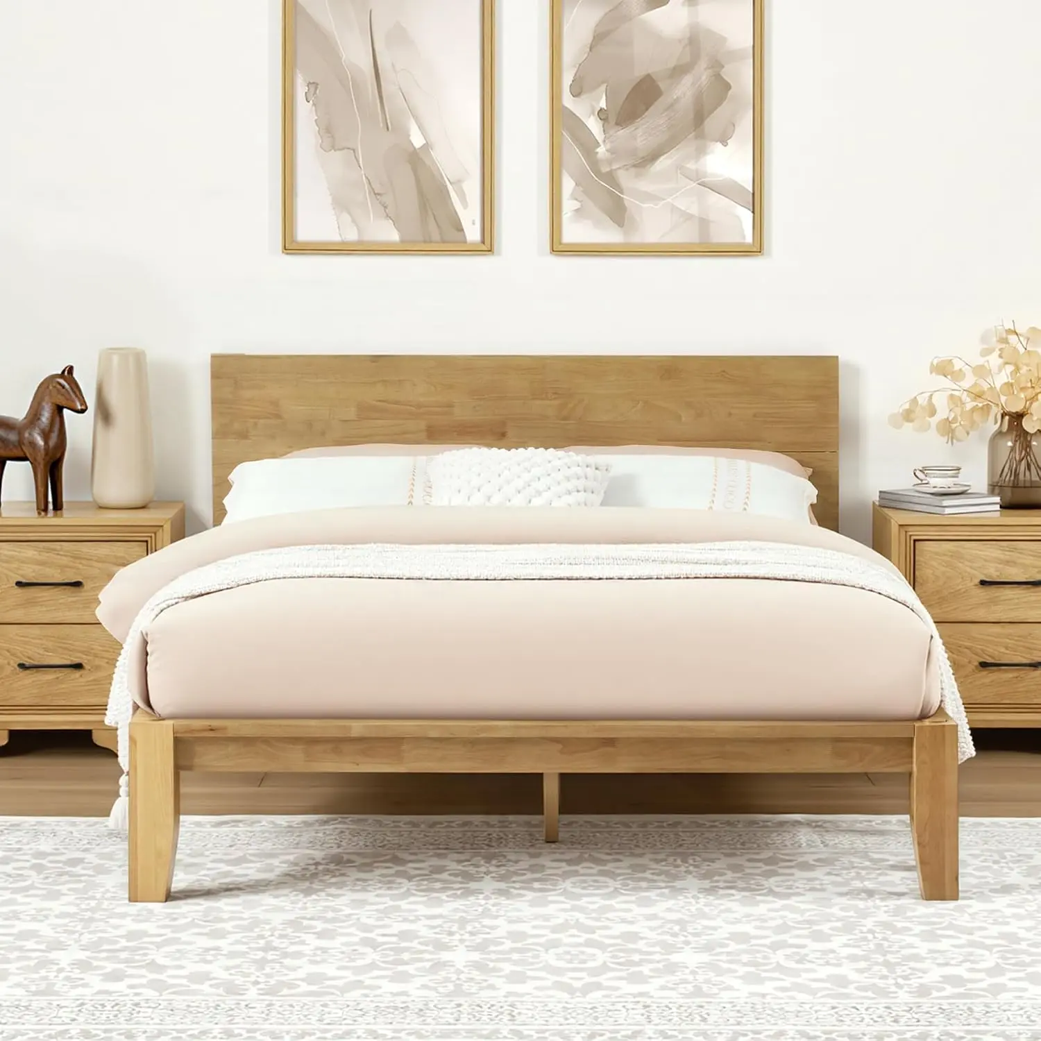 Softa Mikor Queen Japanese Joinery Bed Frame with Headboard, Solid Rubberwood Platform Bed, 1500 Lbs Heavy Duty, SGS Certified, No-Tool Setup, Storage Shelf, USB-A/C Port, No Box Spring Needed