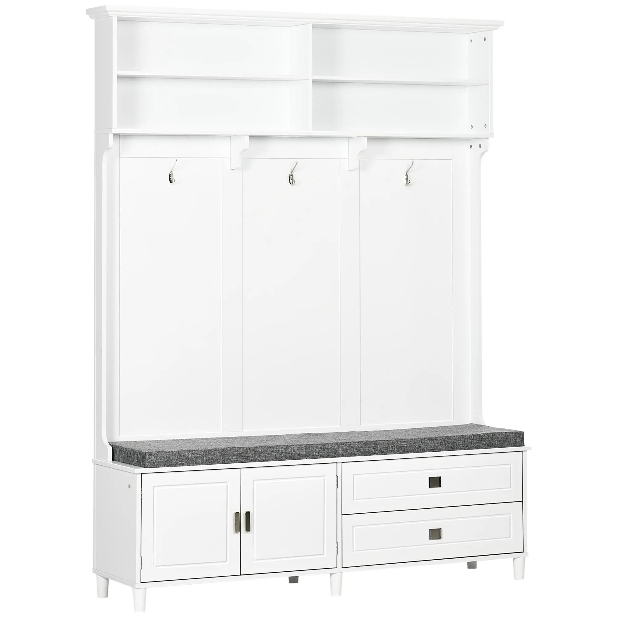 HOMCOM Hall Tree with Storage Bench, Entryway Bench with Coat Rack, Accent Coat Tree with Storage Shelves, Cabinet and Drawers for Hallway, Mudroom, White, Entryway Storage Cabinets, Modern Storage Dresser