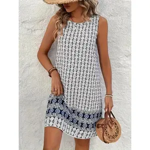 Women’s bohemian-print sleeveless summer dress with a round neckline, casual vacation wear, comfortable women’s one-piece garment