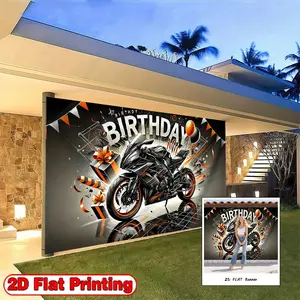 2d flat banner 1pc Motorcycle Birthday Party Backdrop  Polyester FabricVibrant Orange  Black Motorcycle Theme design-It is very suitable for festival celebrations, indoor/outdoor decorative backgrounds, birthday scene parties and events