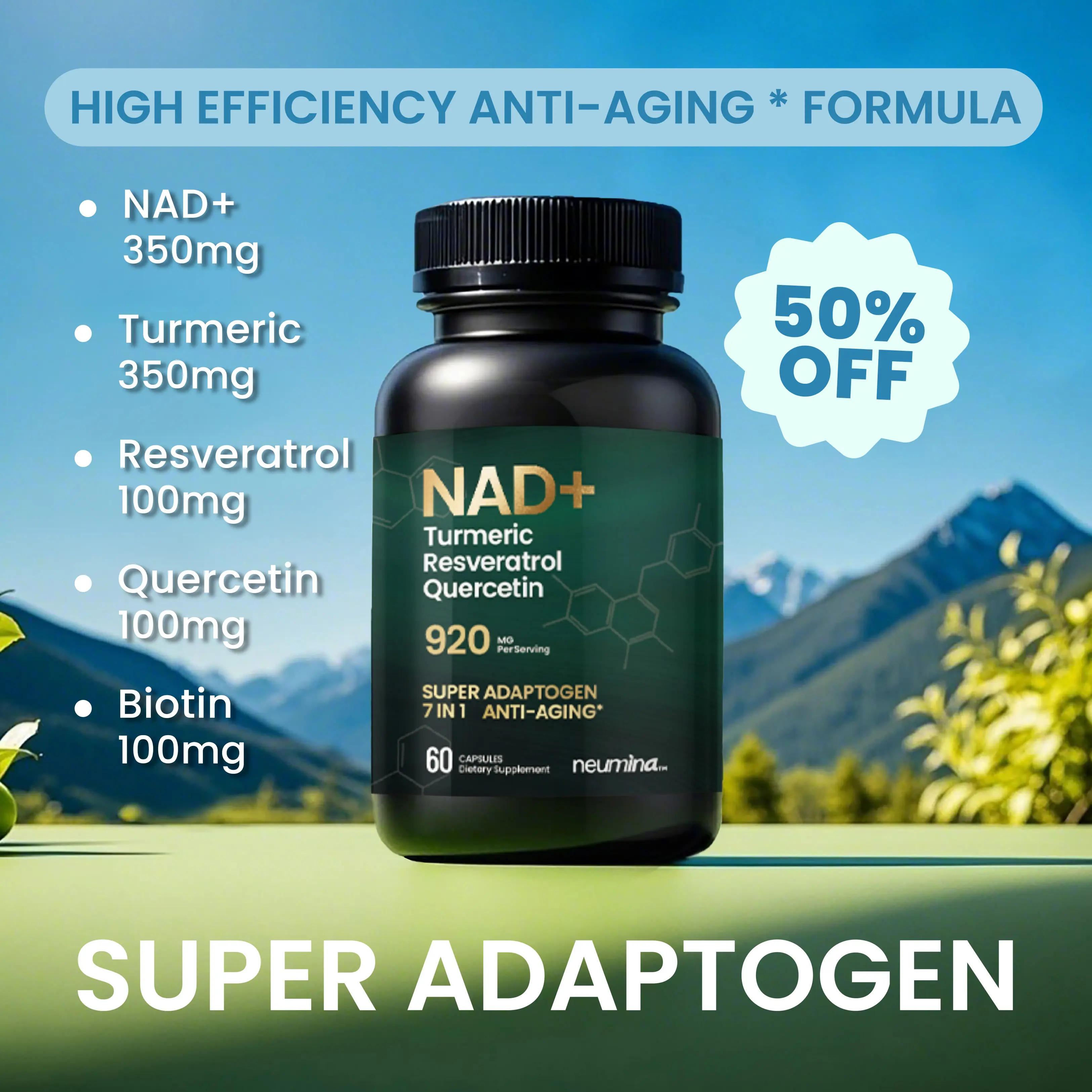 Neumina NAD+ 920mg Capsules - Healthy Aging Support Supplement with Resveratrol, Quercetin, Turmeric, Biotin, Fisetin & Black Pepper for Skin, Immune & Energy Wellness