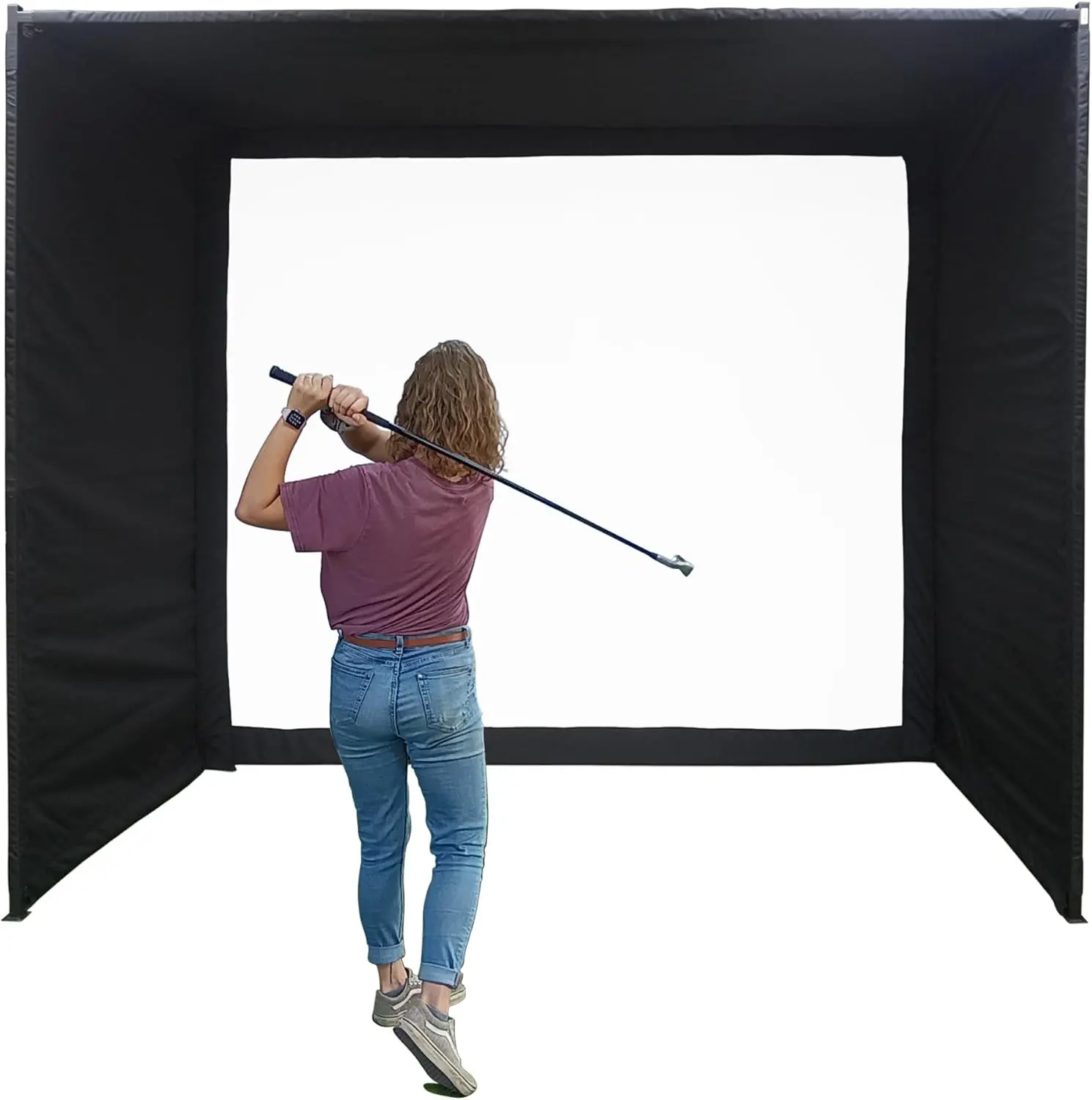 Black Square Pole Golf Enclosure – Heavy-Duty Golf Net Cage – Indoor/Outdoor Practice Cage Complete Net and Frame Set